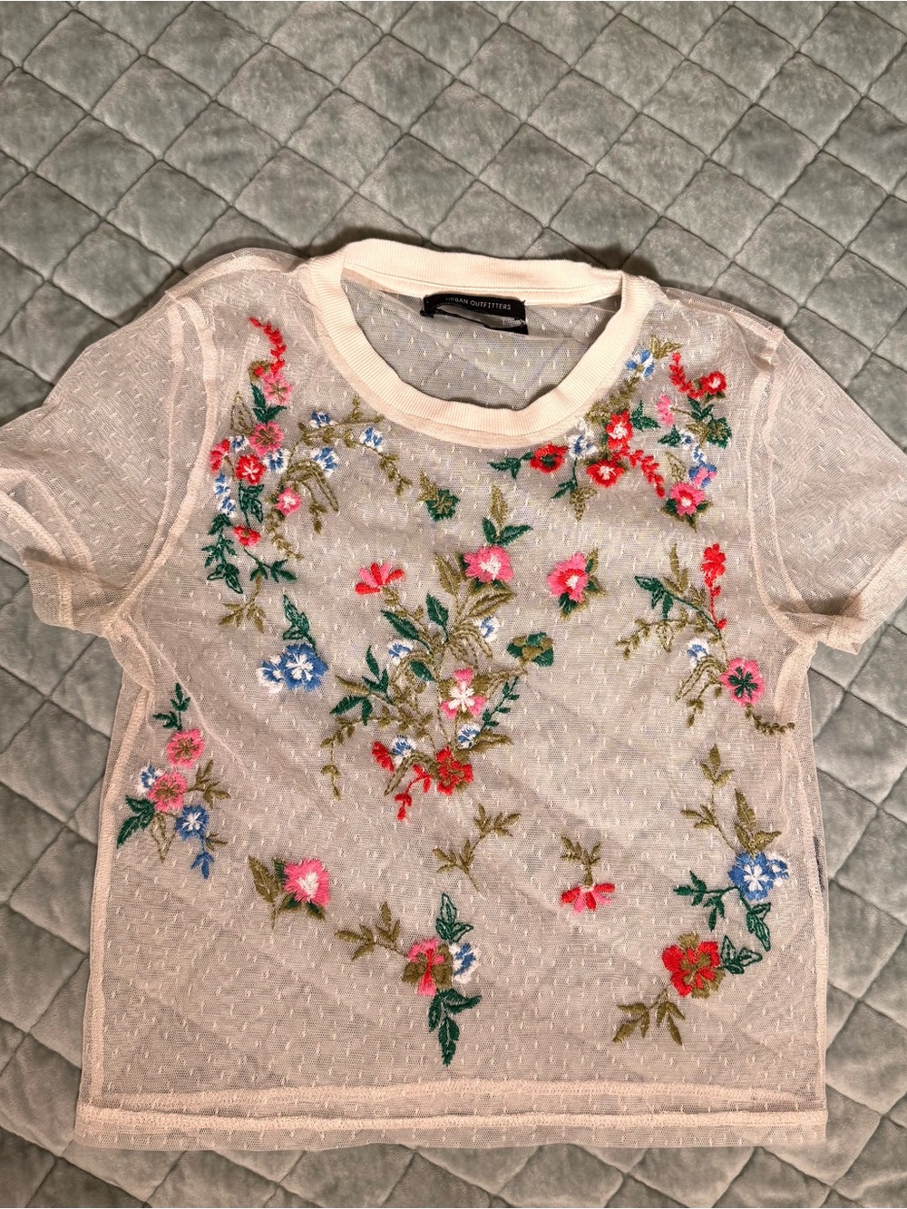Urban Outfitters Cream Sheer Mesh Tee with Multicolor Floral Embroidery